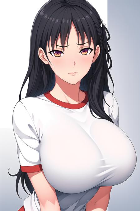 Simple White Background,
White shirt, short sleeves,pokie,
<lora:Suzune_Horikita_YouZitsu-KK77-V1:0.5>,gym uniform,
Orange eyes, Black hair,bangs,Long hair,hair ornament, white ribbon,braid, 
<lora:Oda_Non_Style-KK77-V2:0.5>,<lora:more_details:0.1>,
1 girl, 20yo,Young female,Beautiful long legs,Beautiful body,
Beautiful Nose,Beautiful character design, perfect eyes, perfect face,expressive eyes,perfect balance,
looking at viewer,(Focus on her face),closed mouth, (innocent_big_eyes:1.0),(Light_Smile:0.3),
official art,extremely detailed CG unity 8k wallpaper, perfect lighting,Colorful, Bright_Front_face_Lighting,White skin,
(masterpiece:1.0),(best_quality:1.0), ultra high res,4K,ultra-detailed,
photography, 8K, HDR, highres, absurdres:1.2, Kodak portra 400, film grain, blurry background, bokeh:1.2, lens flare, (vibrant_color:1.2),professional photograph,
(Beautiful,large_Breasts:1.4), (beautiful_face:1.5),(narrow_waist),