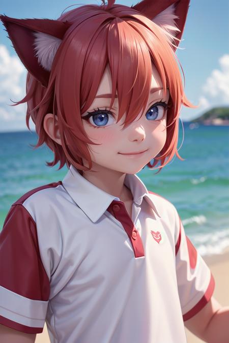 beach, smile, ( crimson cat ears:1.4), (red ears), multicolored hair,1 boy, male face, male body, more details in eyes, very short hair, hair between eyes, cute, adorable boy, cute face, detailed face, handsome, young, juvenile, colorful hair, white skin, colorful eyes, multicolored eyes, eyeshadow, crew cut, crimson hair, (muscular:0.4),(male focus:1.3),
details sky, ((masterpiece:1.4,best quality)), multiple details, looking at viewer, blush, blue eyes, full shot,
(pants), (white polo shirt),