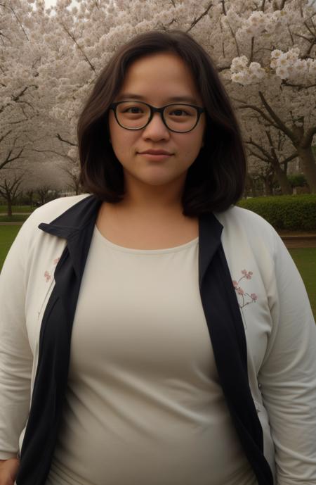 Janine \(Person\), @Janineaam masterpiece, 1girl, plump, chubby, black eyes, glasses, nose, black hair, closed mouth, eyeliner, closed mouth, looking at viewer, tracksuit , background: Beautiful cherry blossom grove <lora:Janineaam:1>