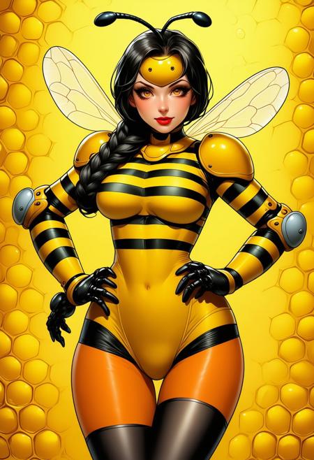 bee suit,,,striped, thigh boots, braid,, orange thighhighs, , lipstick,  , armor, open mouth,leotard,  large breasts, honeycomb background, red eyes,  thighhighs,  navel,high heels, hand on hip,  thigh boots, insect wings, holding hands,,  red eyes, single braid, green eyes, , , pantyhose, , armor