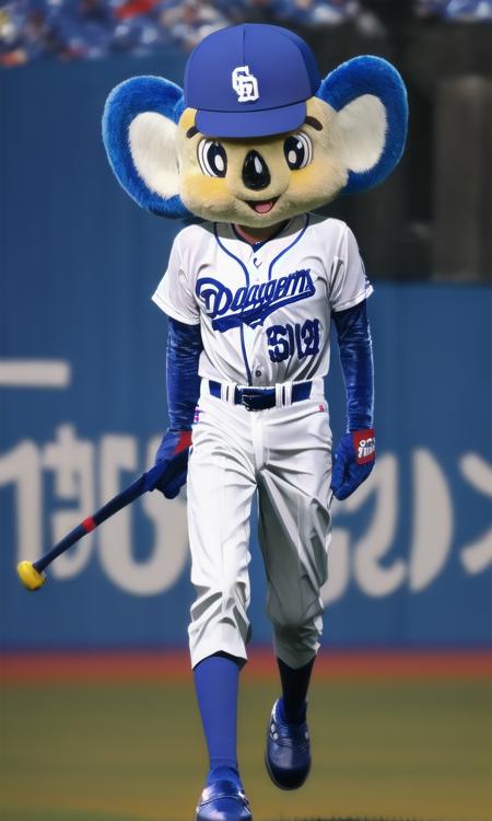 masterpiece, best quality, ultra-detailed, illustration,
doalaH, baseball uniform, mascot, stadium, male focus, clothes writing, baseball cap, baseball bat, blue footwear, open mouth, standing, full body, smile, clenched hand, belt, white pants, blurry background, blurry, baseball stadium, <lora:doala_V1:1>