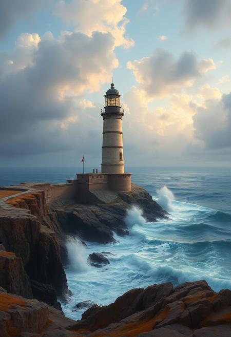 An old lighthouse on a rugged coastline, waves crashing at its base, dramatic sky, high detail, realistic, atmospheric perspective, cinematic lighting, masterful landscape painting, soft waves, highly detailed, 8k resolution, by Ivan Aivazovsky and Claude Monet
