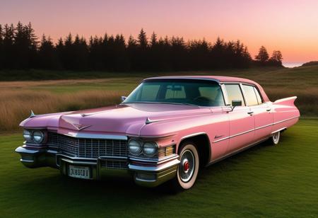 very realistic photograph of a pink Cadillac – La Fleetwood Series 60 car parked in a field, in sunset lighting, sea background, extremely detailed