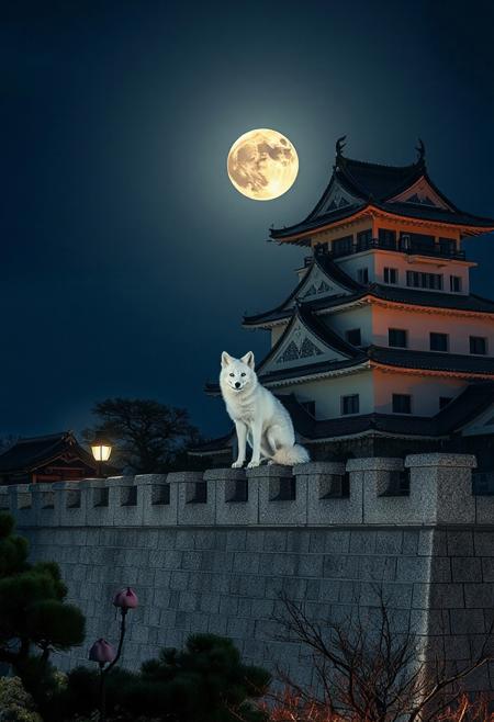 (Soft Lighting Photography by Mimoza Veliu and Mario Giacomelli:1.2), NSFW,  a white fox sitting high on a Japanese castle wall.  The background is of a Japanese castle, full moon, laterns, japanese garden.