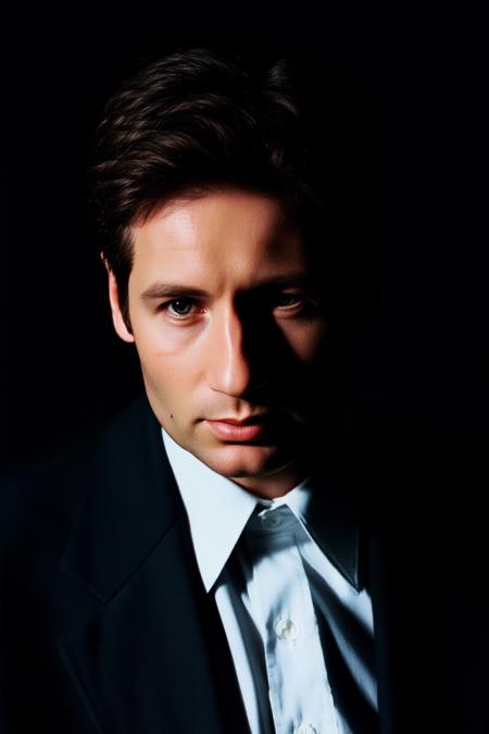 suspenseful upper body male portrait photo of a man. Natural makeup, abstract art, Exquisite detail, high resolution photo, realistic photo, intricate detail, natural lighting, elegant suit, formal, ((foxmulder)), face focus, dramtic lighting, 