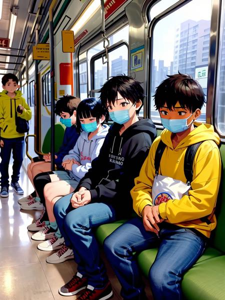 masterpiece, best quality, ultra-detailed, illustration,
JNR205, train interior, indoors, scenery, multiple boys, sitting, 6+boys, multiple girls, mouth mask, mask, bag, black hair, sleeping, train station, hoodie, 6+girls, short hair, indoors, hood, pants, backpack, brown hair, standing, jacket, holding
 <lora:JRE205_test4:1:XYZ>