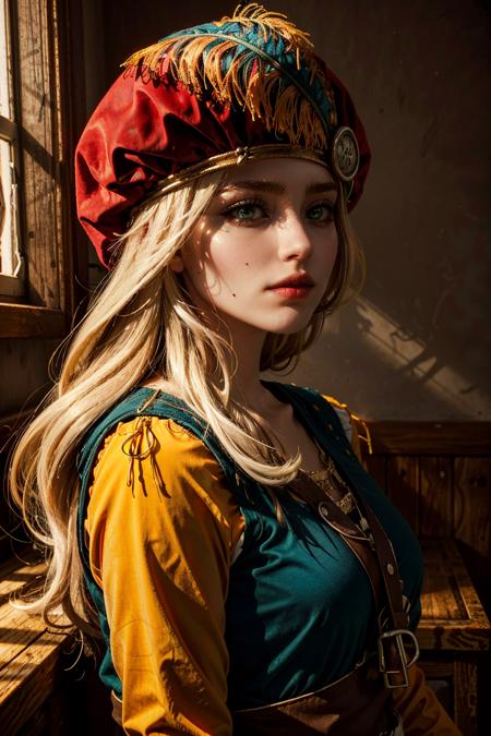 (masterpiece, highres)  <lora:add_detail:0.5>,  <lora:epi_noiseoffset2:1>,  <lora:PriscillaW:0.8>
PriscillaW, 1girl, solo, long hair, blonde hair, hat, closed mouth, green eyes, yellow eyes, upper body, indoors, lips, looking to the side, makeup, looking away, portrait, mole under mouth, red headwear, realistic, fine art parody