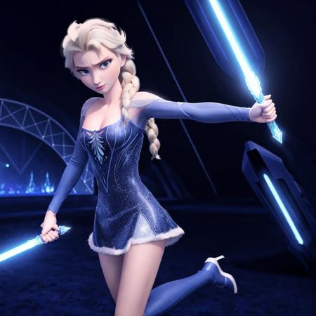 The blades of Elsa's two blue lightsabers (dual wielding)  glimmered with ultra-sharp precision, its 8K resolution showcasing the tiniest details that would be invisible to the naked eye. The negative space around her was just as captivating; intricate lines etched into the sleek surfaces of the starship's floors added depth and texture to the scene.
Elsa herself stood proudly in this futuristic setting, clad in a skimpy blue and white leather armor that highlighted every curve of her body. Her eyes blazed with intense focus as she held onto her weapon, poised to strike at any given moment. Bright lights illuminated the area around her, casting shadows across the walls and adding to the surreal atmosphere.
In this world where science fiction meets high definition technology, Elsa moved effortlessly, her movements graceful and precise. It was clear that both her skills and her equipment were truly next level, leaving no doubt that she was one of the most formidable forces in the galaxy.
<lora:weight_slider_v2:-1.3> <lora:elsa-frzn-v1.1:1.2> elsa-frzn, elsa \(frozen\), blue eyes, 1girl, long hair, solo, single braid, hair over shoulder, looking at viewer <lora:photorealistic_portrait:3> photorealistic portrait <lora:miniskirt:0.4> microminiskirt, high_heels, navel