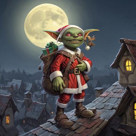 fantasy d&d image of a cute path_goblin, wearing a santa claus outfit, with a bag full of presents, on a roof of a house on a medieval city, big full moon , nocturnal image,<lora:Path_goblin:1>