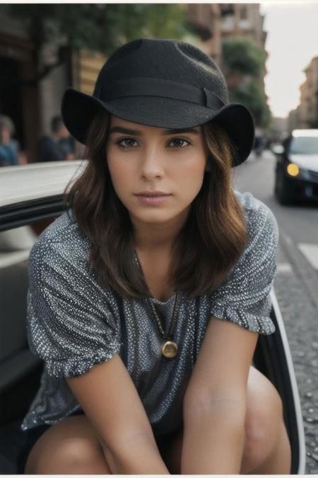 full portrait photo of beautiful 26 y.o woman sitting on bonet of car, 8k uhd, high quality, dramatic, cinematic