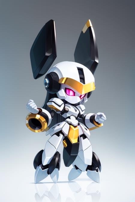 A white and black Medabot with gold trim with no mouth and glowing eyes and long hair, chibi style, high detail, simple background, <lora:MedabotLoraV1TrainedTest:1>