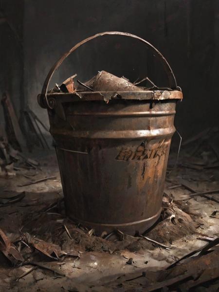 mkitdecy, drawing, of a rusty decayed bucket full of broken dust, shack, foul,  deep shadows, high quality, high resolution, cinematic, dark, <lora:- SDXL - mkitdecy_let_it_decay_V1.0:.7>