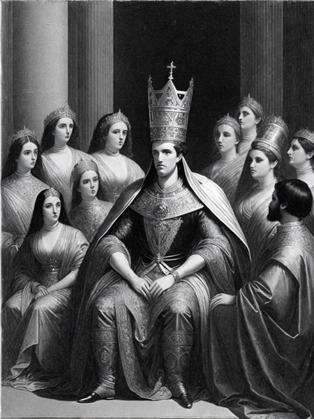 <lora:GustaveDor:1>a black and white painting of a man in a crown sitting in front of a group of people by Gustave Dor