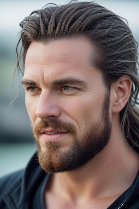 portrait picture of a a handsome but strong nordic scandinavian man named lothar. (48 years old:1.2). gaunt and angular, with sharp features and high cheekbones. His skin is pale and weathered, with deep lines around his mouth and eyes. His eyes are light blue and have a penetrating, almost unsettling quality. He has a thin, well-trimmed beard that accentuates his sharp chin.
 the background show aspects of daily viking life, professional photo. dynamic composition, shallow depth of field, bokeh,