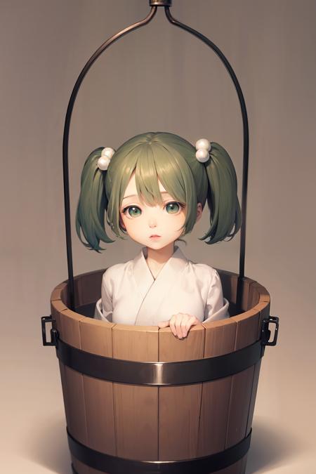 masterpiece, best quality,  <lora:kisume:1>,kisume,1girl,green hair,hair bobbles,twintails, green eyes,japanese clothes,kimono,in bucket,bucket, in container,grey background,