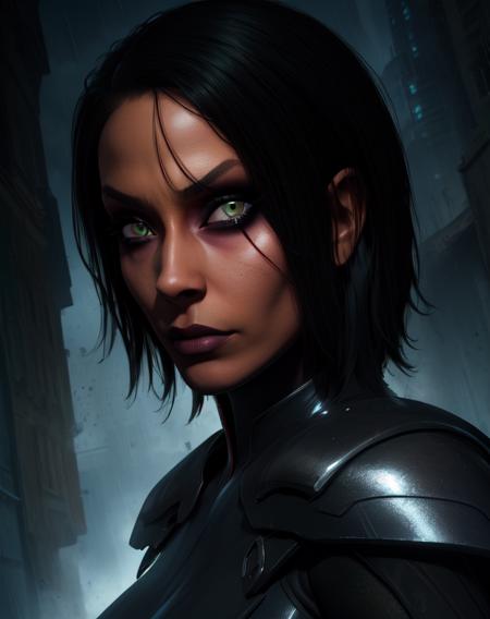 Trilla, short hair, green eyes, , eye shadow,
 looking at viewer, serious, upper body, close up,  
armor,gloves, tight, bodysuit, black cape, black pants,
 raining,metal platform,night,
 (insanely detailed, beautiful detailed face, masterpiece, best quality),
 <lora:Trilla-10v5:0.8>