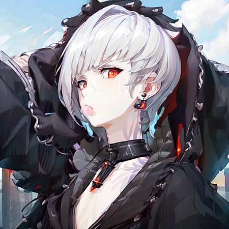 (masterpiece, best quality, ultra detailed:1.5) <lora:e7Haste-07:.9> 1boy, portrait, (solo:1.4), male focus, upper body, sky_background, bright, white_sky, day, outdoors, (short hair:1.5), choker, collar, earring, jewelry, (from the front:1.2), <lora:Intense_GlarerV2:.9>, (intenseglare, shaded_face, disgust, glare:1.3), chewing_gum