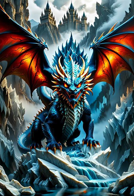 Amidst towering, jagged mountains cloaked in mist, a colossal marble dragon with striking cerulean blue and flaming red, brilliantly gleaming marbled scales, looms menacingly, its fierce golden eye locked onto a solitary figure standing far below. The draconic creature's intricate, spiked maw, filled with sharp teeth, conveys an intimidating presence, while its textured feathers ripple in the wind, showcasing the mastery of its scales. The distant castle, marked by elegant spires and a gothic silhouette, adds an ethereal touch to the scene, hinting at an ancient world steeped in mystery. The soft, diffused light creates a surreal atmosphere, casting delicate shadows that emphasize the dramatic scale difference between the dragon and the cloaked wanderer, evoking a blend of awe and foreboding in this fantastical landscape.<lora:GeekyXL_Liquid_Marble:1> liquid marble
 <lora:add-detail-xl:1> misc