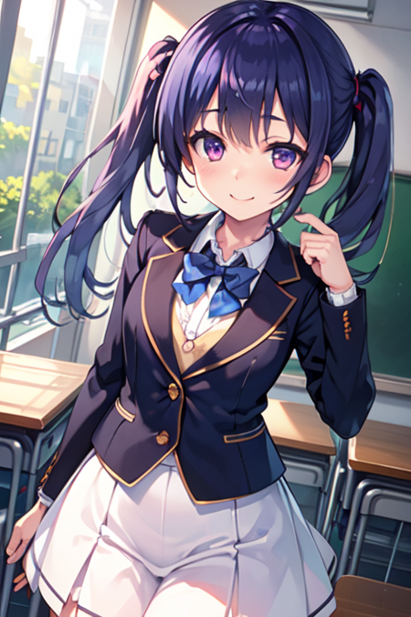 1girl, wang mei-yu, purple hair, purple eyes, twintails school uniform, blazer, red jacket, blue bowtie, white skirt