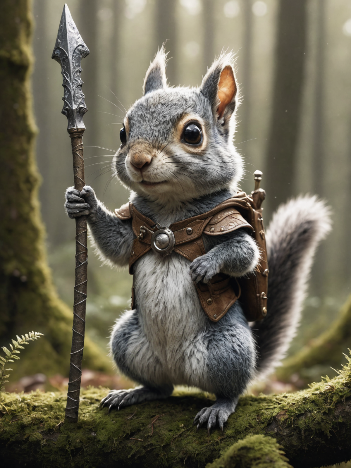 Squirrel with a stick and a backpack.