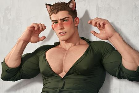 masterpiece, best quality, highres, absurdres, realistic, pectoral focus, pectorals, solo, 1boy, animal ears, short hair, muscular, brown hair, claw pose, blush, green shirt