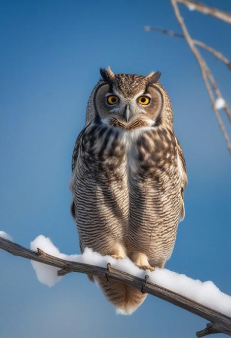 very realistic close-up photography owl perched on a snowy branch, blue sky background with cirrus clouds and slightly hidden sun