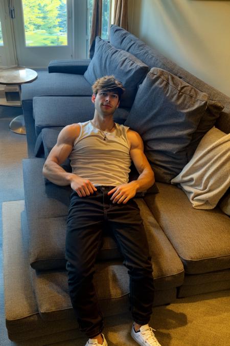 a handsome guy, tank top, he is wearing black pants, upper body, 28yo, caucasian, <lora:darelljones:1>, darelljones, ultra realistic, highres, solo, american man, luxurry high view room, luxury room, chill vibe, <lora:add_detail:0.7>, add detail, lay on couch, armpits, (masterpiece,best quality:1.5)