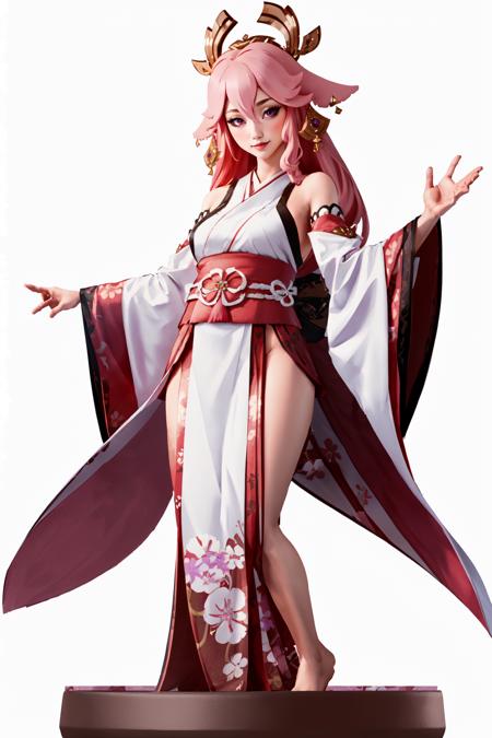 Highly detailed, High Quality, Masterpiece, beautiful, Amiibo, <lora:Amiibo:0.7>, full body, 1girl, yae miko, pink eyes, long hair, pink hair, animal ears, bare shoulders, blush, breasts, closed mouth, detached sleeves, earrings, flower, fox ears, gem, hair between eyes, hair ornament, japanese clothes, jewelry, kimono, medium breasts, miko, nontraditional miko, pink flower, purple gemstone, short kimono, white kimono, <lora:Char_GenshinImpact_YaeMiko:0.9>, (simple background, white background:1.5), light smile, (detailed face and eyes:1.3)