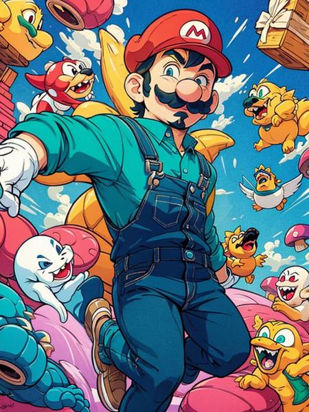 hezi, trend illustration, bright colors, luigi, coin, mario, overalls, boo \(mario\), mustache, gloves, hat, facial hair, cloud, tattoo, multiple boys, white gloves, red shirt, shirt, blue overalls, brown hair, male focus, blue eyes, green headwear, wings, sky, smile, mushroom, teeth, open mouth, blue sky, green shirt, brown footwear, ghost, cube, looking at viewer, bowser, short hair, red headwear, barrel, muscular, 3boys, one eye closed, black hair, dog, day, shoes, fangs, 1boy, turtle shell, closed mouth, midair, thick eyebrows, money, brick, arm up, jumping, tongue, shell, cloudy sky<lora:æ½®æµæç»:0.55>