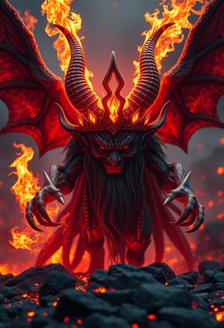 Demonic god, demon crown, fire magic on hands, walking in the lava, masterpiece, best quality, CG, wallpaper, HDR, high quality, ultra detailed face, cinematic, high detail, 8k, raw, high, artstation HQ, unreal engine, octane renderer, 4k resolution, hyperrealistic, highly detailed