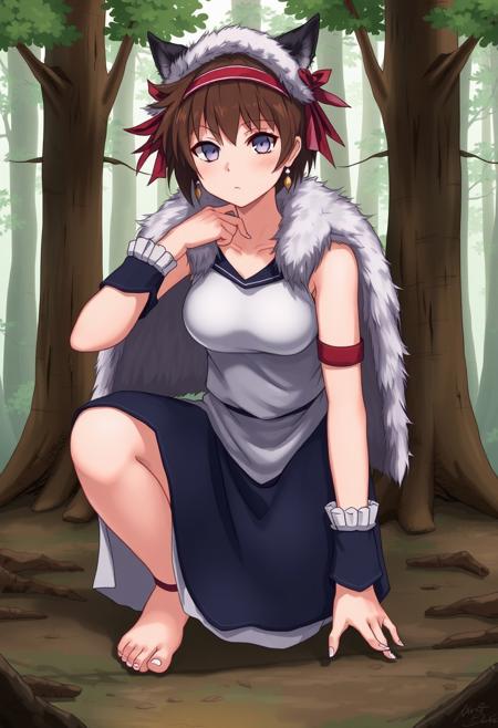 Princess Mononoke,  ,  ,  ,  San, 1girl, full body, squatting, solo, short hair, brown hair, gray eyes, headband, face paint, earrings, white sleeveless top, navy under dress, arm cuffs, fur headdress, fur cape,      , female focus, looking at viewer,  , forest,