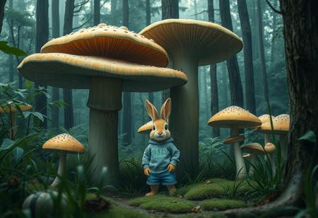 In the forest, it is raining heavily, there are huge mushrooms, and a rabbit wearing a sweatshirt and denim shorts stands under the mushrooms，