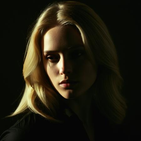 cinematic film still of  <lora:Rembrandt Lighting Style:1>
dramatic, cinematic, shadow, partially covered in shadow, a woman with blonde hair and a black shirt Rembrandt Lighting Style, 1girl, solo, long hair, blonde hair, closed mouth, lips, looking to the side, scar, looking away, portrait, realistic, shallow depth of field, vignette, highly detailed, high budget, bokeh, cinemascope, moody, epic, gorgeous, film grain, grainy