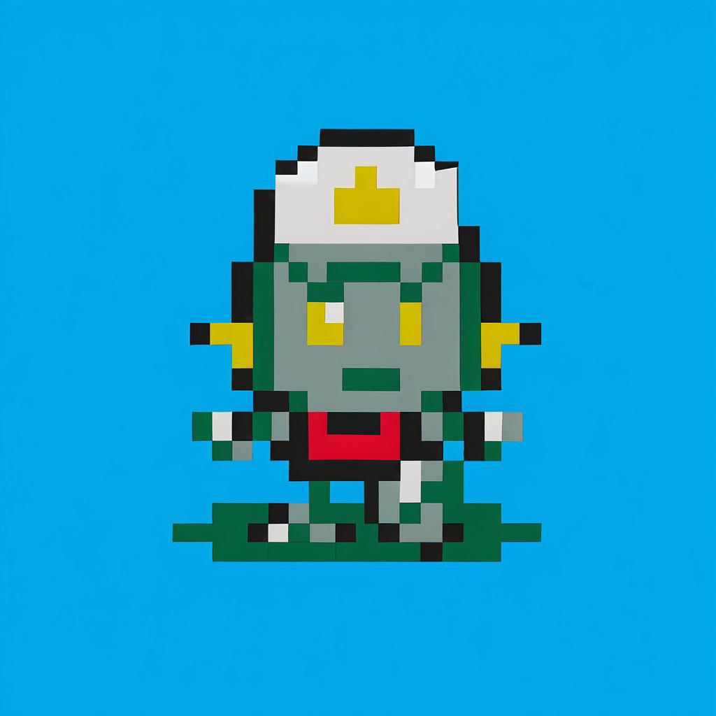 score_8_up, score_8, robot_whtrj, robot, yellow eyes, pixel art, full body, chibi, standing, looking at viewer, blue background