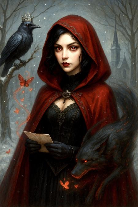 Beneath a snow-paled moon, a mischievous raven wearing a crown of frost delivers a secret to the Crimson Pilgrim—a lone enchantress whose ember-bright eyes can coax forgotten winter spirits into ballroom waltzes. The message flutters into her gloved hands as ghost-moths trace heart-shaped spirals around her cloak, while a spectral wolf, half-shadow and half-ember, curls protectively at her heel, its breath casting ruby sparks against the hush-grey night.

Drawing inspiration from this whimsical notion, translate this enchanting fragment into a breathtaking visual. Generate a single, unique image that synthesizes the aesthetic principles and thematic depth of the provided mood board with unparalleled artistic precision, ensuring the highest possible aesthetic quality and a captivating, dreamlike allure.

Scene & Composition
Center a graceful yet fierce young woman, short raven-black bob framing alabaster skin and smoldering scarlet eyes, draped in an ornate deep-crimson hooded cloak fastened by baroque filigree. Her elegantly tailored black corset and subtle gothic jewelry glint beneath soft snowlight. She stands in a wintry clearing of twisted silver-grey trees; a distant gothic spire pierces the misted sky. The spectral wolf—translucent charcoal and glowing embers—slithers in a protective arc around her, while tiny moths of shimmering crimson flutter through falling snow, and the crowned raven perches on a nearby branch, head tilted in knowing mischief. Compose the scene along a golden-spiral flow that leads the viewer from the raven, through the moths, to the woman’s hypnotic gaze.

Synthesized Artistic Style
Render the image as an ultra-detailed digital painting that fuses:
	•	the luxuriant, painterly brushwork and subtle ink-line finesse of dark fairytale illustration,
	•	cinematic chiaroscuro lighting that carves form from shadow,
	•	a cool desaturated palette of wintry greys and muted pewter, punctuated by sumptuous scarlet and ember-orange accents,
	•	fine-grain textures emulating traditional oil on wood panel, gently overlaid with watercolor-soft snow flurries.

Harmonize & Elevate
Ensure all figures exhibit impeccable anatomical accuracy—hands poised with natural, fluid grace, facial features symmetrical and expressive. Render every element with pristine clarity, free of distracting artifacts or unnatural patterns, even within areas of soft focus. Seamlessly blend levels of detail so foreground and background coexist in cohesive, high-fidelity harmony. Subtly enhance rim-light along cloak folds, introduce delicate subsurface scattering on exposed skin for an ethereal glow, and add faint luminous embers drifting from the wolf’s maw to deepen the sense of wonder.

Cohesive, Refined Masterpiece
Fuse the ethereal atmosphere, sumptuous crimson highlights, and gothic elegance into a singular, unforgettable aesthetic signature—one of luxurious detail, playful sophistication, and whimsical elegance. The final image should be a visually arresting, dreamlike perfection: a sublime, peak-quality masterpiece that delights the eye and stirs the imagination.