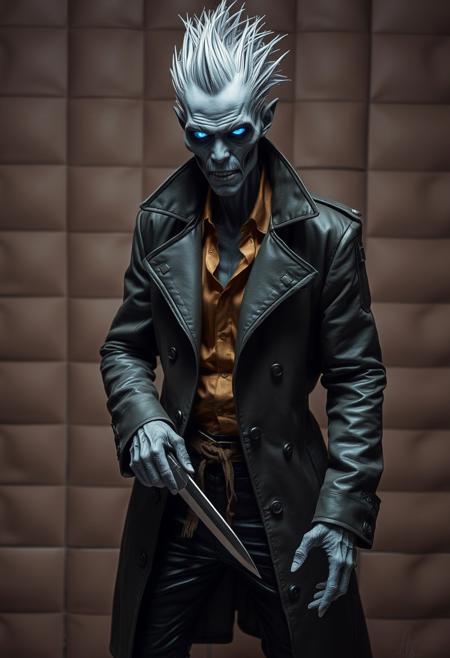 undead humanoid, glowing blue eyes, spiked silver hair, leather trench coat, gold shirt, black leather pants, holding knife, horror character, padded wall background, dramatic lighting, supernatural, dark fantasy, menacing expression, classical elegance, harmonious compositions, serene figures, delicate drapery, soft color palette, idealized beauty, neoclassical influence, intricate details, poetic atmosphere, balanced symmetry, timeless grace
