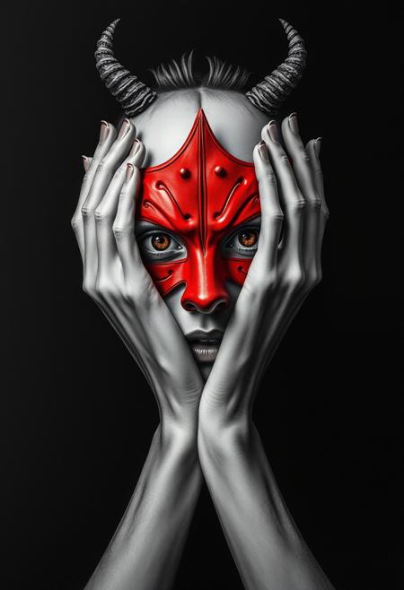 surreal portrait, emotional duality, grayscale and red color scheme, expressive hands, split face, red mask, conceptual art, dramatic lighting, black background, symbolic composition, psychological depth, inner conflict, modern surrealism, haunting visual style, surreal pop art, whimsical creatures, vibrant colors, exaggerated forms, detailed textures, imaginative wildlife, fantasy landscapes, humorous undertones, expressive eyes, lush foliage, playful compositions, cartoon realism, mythical animals, curious expressions, dreamlike worlds