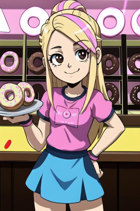 <lora:TFMCutesyAnime:1> 80's anime style, <lora:GameGirl:0.4> 1girl, GameGirl, brown eyes, (blonde hair with pink highlight streaks),in a fast food uniform with a blue apron, in a donut shop, donuts on the shelves, donut logo and lights, paintings of donuts, icing spilled everywhere,, bubbles in the sink, pov, flat chest,  holding a tray of iced jelly donuts with jelly spilling out of them, happy expression with mouth open, winking