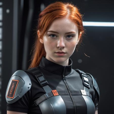 a beautiful teenage girl with red hair and( freckles:0.7) wearing a sleek form-fitting sci-fi military uniform, (short sleeved shirt:1.5), bare midriff, matte black fabric with subtle luminescent accents, Insignias and unit identifiers displayed as dynamic holograms, metal reinforcements, sci fi, realistic, 8k uhd, dslr, high quality, detailed