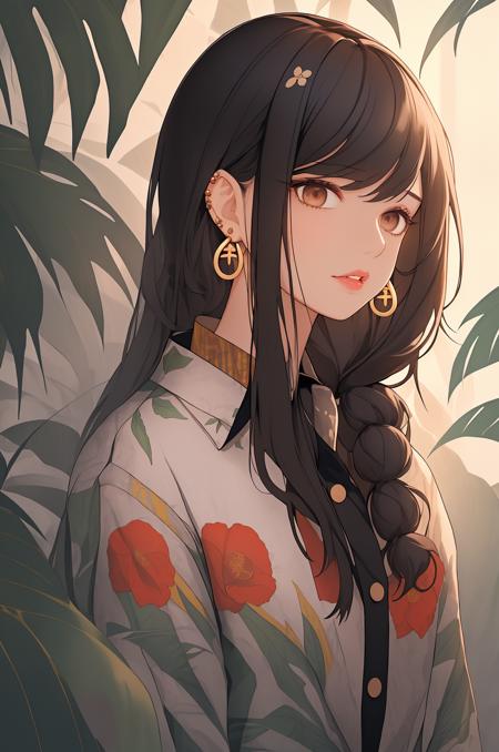 <lora:Nijidefault_20230622033258:0.9>,niji,1girl, 1boy, long hair, black hair, shirt, bangs, earrings, jewelry, looking at viewer, white shirt, upper body, floral print, plant, blush, closed mouth, hetero, short hair, red lips, brown eyes, leaf, lips, brown hair, jacket, blurry, couple, sideways glance, eyelashes, profile, parted lips, print shirt, masterpiece, best quality,