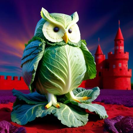 no human, (giant owl made of cabbage over a red castle:1.5), Geometric Pattern Effect: Repeating shapes (tiles, panels) create structured complexity. Color Spectrum Display: Wide range of hues from cool to warm tones.  Reflective Surface Theme: Smooth, light-catching textures evoke motion and depth. Symmetry and Balance: Central alignment with mirrored visual weight. . lazypos, rp_slgd, a surreal owl composed of  obsidian cabbage, wings made of floating cabbage leafs, perched on a red cabbage flower, on top of a red cabbage castle, a kaleidoscope swirling sand sky, glowing purple sand,
, vibrant colors, whimsical design, surreal fantasy, high detail, 4k, strong bokeh