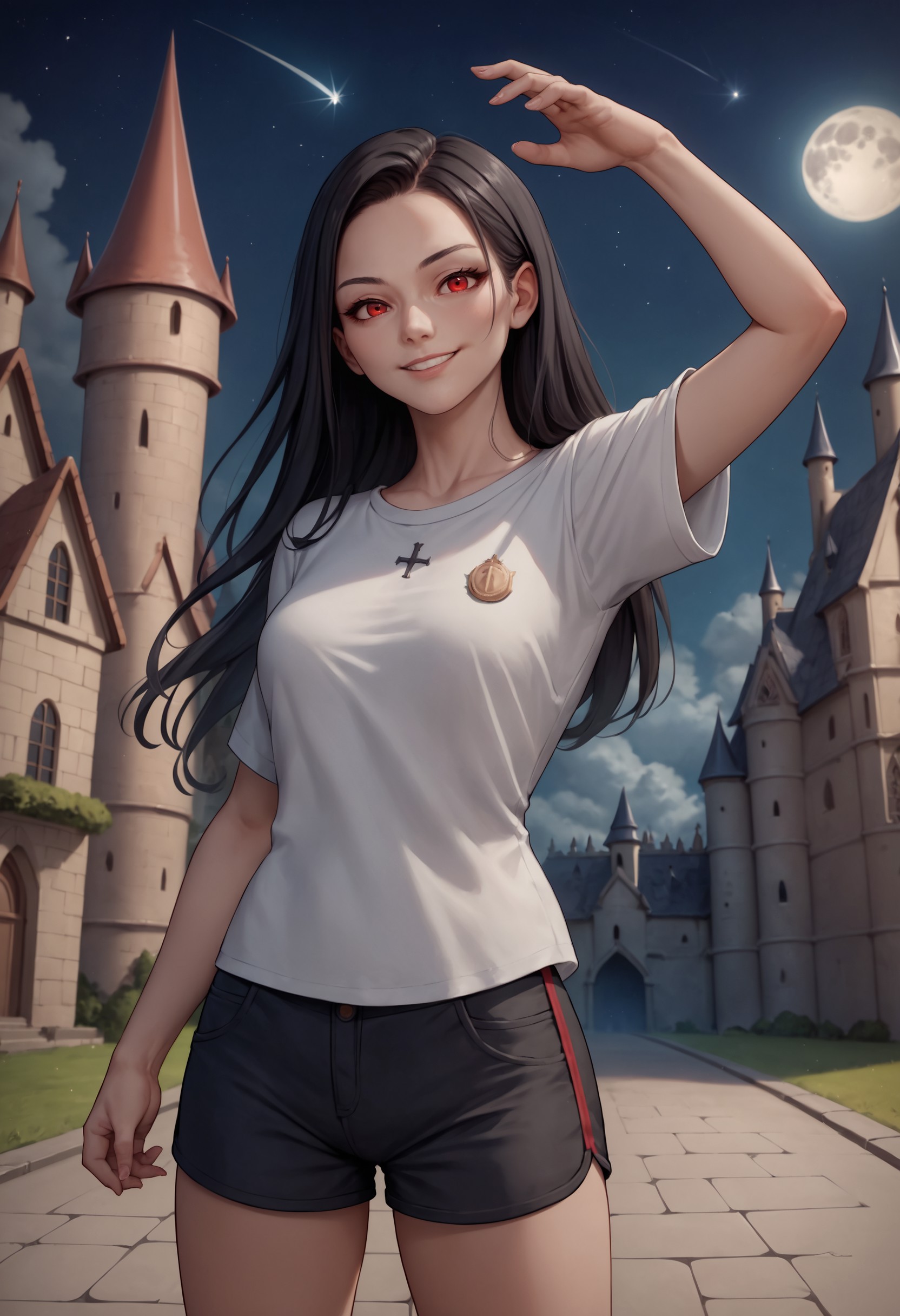 score_9, score_8_up, score_7_up, source_anime, 1girl, solo, black hair, long hair, red eyes, shirt, white shirt, shorts, s...