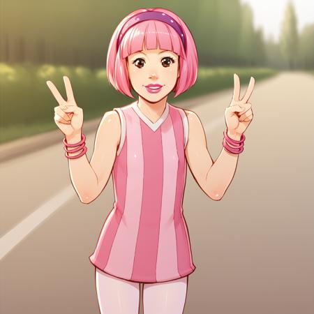 Stephanie, 1girl, solo, pink hair, short hair, brown eyes, lipstick, headband, pink dress, sleeveless, pantyhose pink socks, white footwear, 