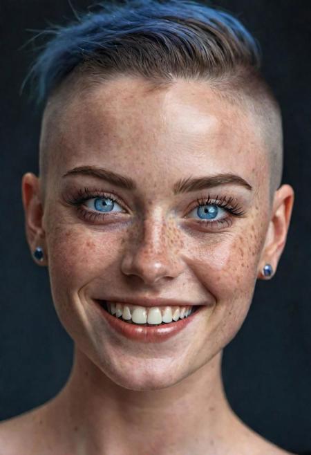 Hyper-realistic portrait of a captivating woman with a wide, genuine smile and deep, piercing blue eyes. She boasts a bold buzzcut hairstyle and sophisticated dark makeup, highlighting her natural freckles. The image is illuminated with warm, soft light, capturing her face and shoulders and emphasizing fine details like the texture of her skin and the subtle shine in her eyes. The photograph, styled as a high-fashion portrait, conveys a blend of natural beauty and contemporary style, ideal for a high-quality magazine cover.