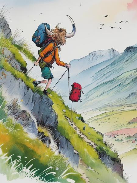 <lyco:QuentinBlake:1.0> 103295. An illustration by Quentin Blake. An adventurous illustration of a highland cow hiking up a steep, craggy hillside with a backpack and a walking stick.