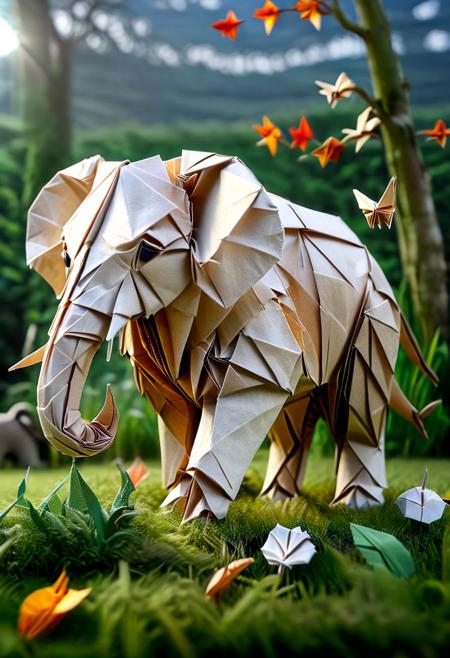 master piece, high quality, an elephant, on the grass land, J_origami,