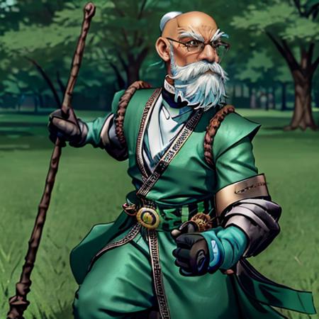 (((a man is waking in a park))) <lora:KnolanBattleChasersLora:0.9> 1boy, male focus, facial hair, beard, mustache, old man, white hair, glasses, bald, gloves, staff, Highly detailed,masterpiece, best quality