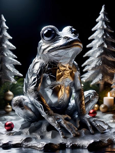 a frog made of ral-alufoil, sitting in a frozen pond with christmas decorations <lora:ral-alufoil-sdxl:1> ringlight, stone wallpaper, black background