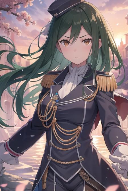 cruschkarsten, <lora:cruschkarsten-lora-nochekaiser:1>,
crusch karsten, long hair, hair between eyes, green hair, (brown eyes:1.4),
BREAK gloves, long sleeves, hat, jacket, boots, frills, white gloves, black footwear, uniform, military, ascot, military uniform, armband, epaulettes, white ascot,
BREAK looking at viewer, full body,
BREAK outdoors,
BREAK <lyco:GoodHands-beta2:1>, (masterpiece:1.2), best quality, high resolution, unity 8k wallpaper, (illustration:0.8), (beautiful detailed eyes:1.6), extremely detailed face, perfect lighting, extremely detailed CG, (perfect hands, perfect anatomy),