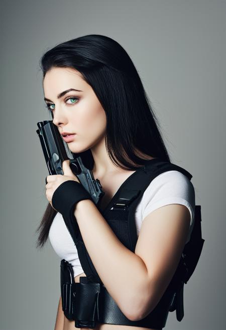 <lora:gnmxXLrd:1>, gnmxft, 1girl, solo, realistic, gun, weapon, looking at viewer, holding weapon, holding, shoulder holster, 
24 year old,  small breasts, Jet black straight hair, caucasian, , green eyes, fair skinned,   best quality , RAW photo, subject, 8k uhd,  high quality, photorealistic,  , fair-skinned female, porcelain skin, ,   majestic  ,  resplendent,  
       <lora:add_detail:1>,    privileged,